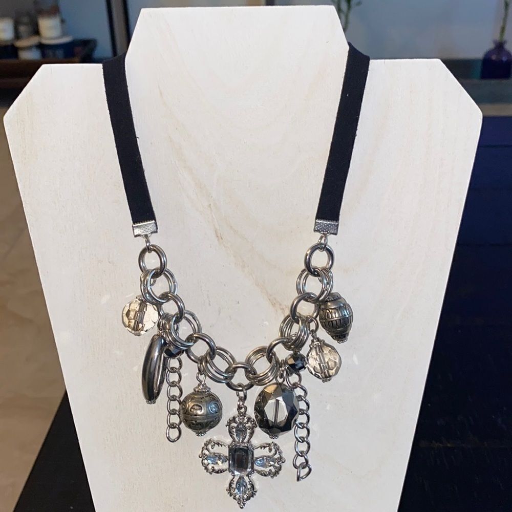 JS Goth Cross Rhinestone Boho Western Charm Velvet Necklace